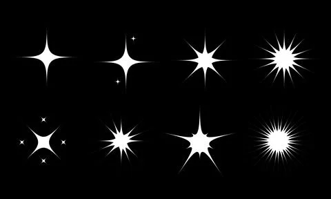 Set of six minimalist white spark explosion icons on black background for c.. 스톡 일러스트