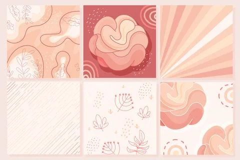 Set of Six Modern Abstract Backgrounds. Collection with Hand-Drawn Botanica.. Stock Illustration