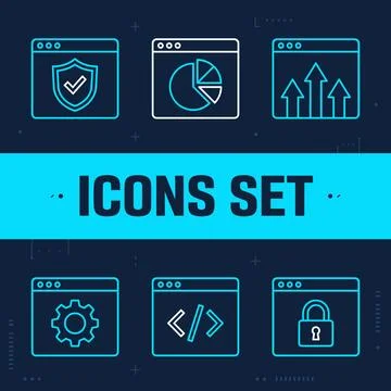 Set of six modern flat line icons representing security, analytics, growth,.. Stock Illustration