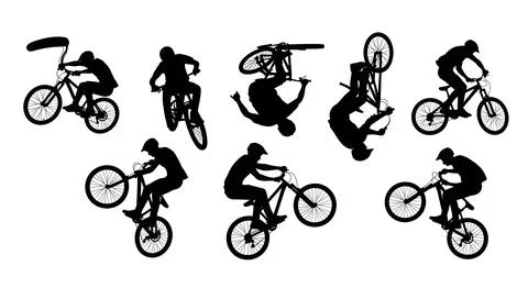 Set of Six Mountain Biker Jump Silhouettes Stock Illustration