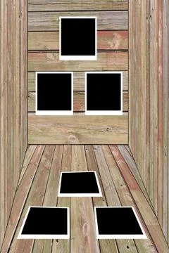 Set of six old blank polaroids frames lying on a wood surface Stock Photos