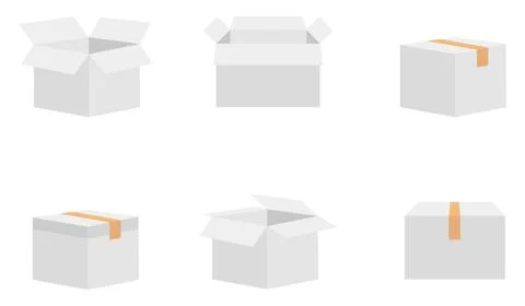 Set of six open and closed white paper boxes with adhesive tape vector Stockillustratie