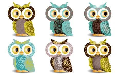 A set of six owls with an intricate pattern on the wings and body, volumetric Illustrazione stock