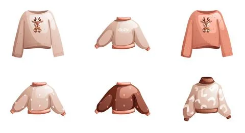 A set of six pastel multi-colored winter sweaters. Detailed vector illustrati Stock Illustration