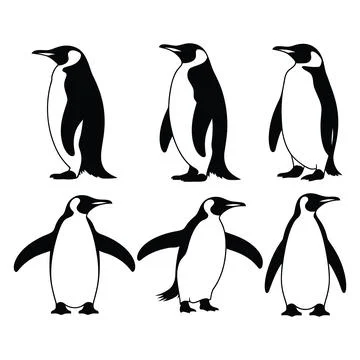 Set of  six penguin silhouettes in various poses Stock Illustration