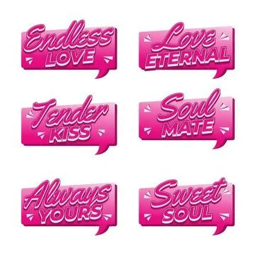 Set of six pink speech bubbles with love and positive words Stock Illustration