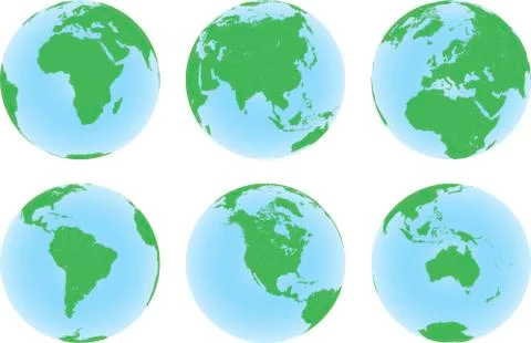 Set of six planet Earth globes with green land map Stock Illustration