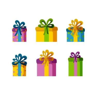Set of six present boxes of different sizes and colors. Gifts for a holiday Illustrazione stock
