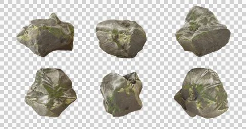 Set of six realistic 3D mossy rock models isolated Stock Photos