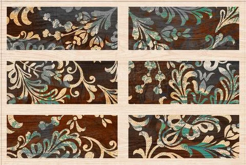 Set of six rectangular wooden banners featuring intricate floral patterns. 스톡 일러스트
