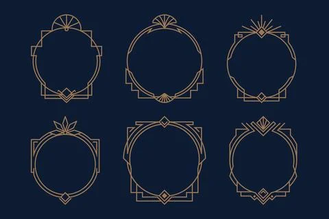 Set of six round art deco frames with thin geometric ornamental lines on da.. Stock Illustration