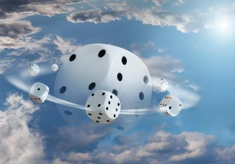 A set of six-sided cubes are going round a big cube in the blue sky in close-up Stock Photos