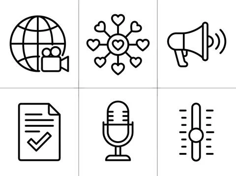 Set of six simple outline icons representing global video, social media eng.. Stock Illustration