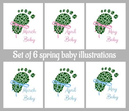 Set of six spring baby illustrations on white background Stock Illustration