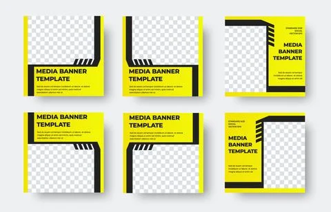 Set of six square vector banner templates in yellow and black Stock Illustration