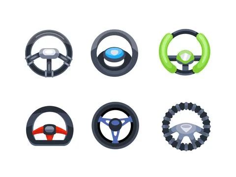 Set of six steering wheels showing different styles and designs for drivers of Illustrazione stock