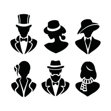 Set of six stylish black and white silhouette icons featuring formal men an.. Stock Illustration