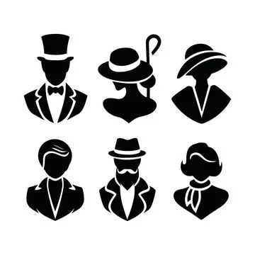Set of six stylish black and white icons featuring vintage fashion headwear.. Stock Illustration