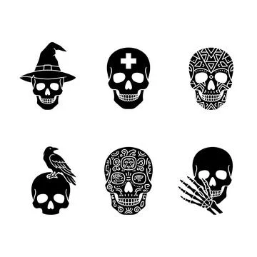 Set of six stylized black skull vector graphics featuring a witch hat, medica Stock Illustration