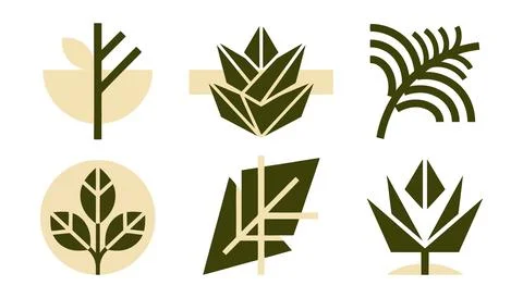 Set of six stylized green leaf and plant icons Vector Stock Illustration