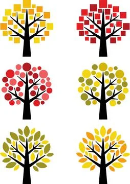 Set of Six Stylized Trees with Different Leaf Shapes and Colors. Stock Illustration