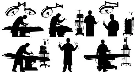 Set of Six Surgeon Silhouettes in Operating Room Stock Illustration