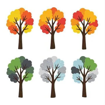 Set of Six Trees Illustrating Four Seasons and Weather Conditions. Stock Illustration