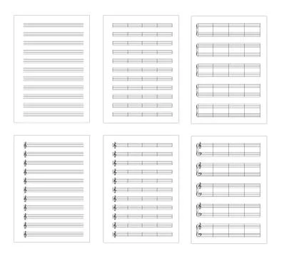 Set of six types music note staves, a4 sheets, isolated on white Stock Illustration