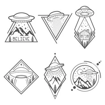 Set of six UFO emblems, labels, badges or logos. Mystical symbol paranormal.. Stock Illustration