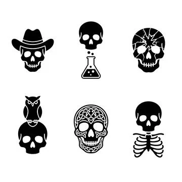 Set of six unique black skull icons featuring a cowboy hat, cracked pattern, Stock Illustration
