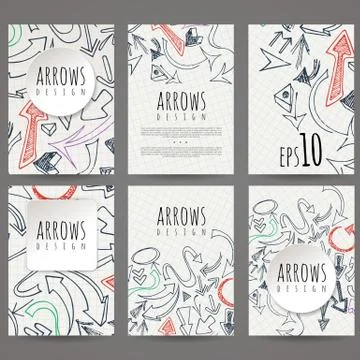 Set of six vector designs of hand-drawn arrow. Cover design, brochures, leaflets Stock Illustration