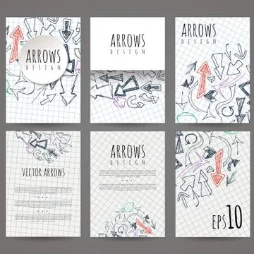Set of six vector designs of hand-drawn arrow. Cover design, brochures, leaflets Stock Illustration