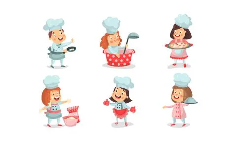 Set Of Six Vector Illustrations Of Babies Playing Cookers In Uniform With Illustrazione stock