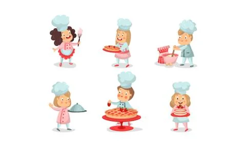 Set Of Six Vector Illustrations With Babies In Cooking Process Illustrazione stock