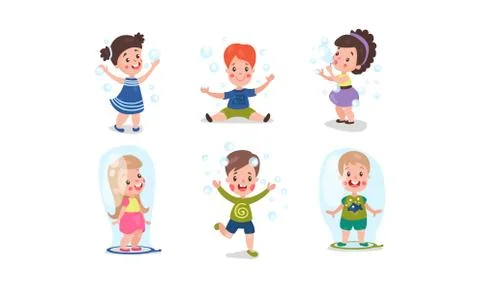 Set Of Six Vector Illustrations With Children Playing With Bubble Blower Stock Illustration