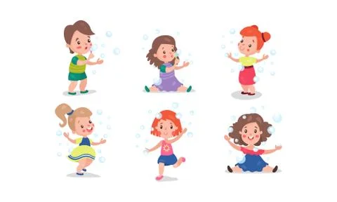Set Of Six Vector Illustrations With Children Entertainments With Bubble Blower Stock Illustration