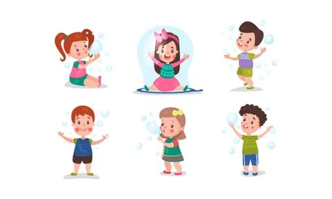 Set Of Six Vector Illustrations With Children Having Fan With Bubble Blower Stock Illustration