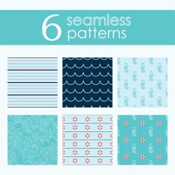 Set of six vector seamless patterns with lifebuoy, waves, stripes and seahorse Stock Illustration