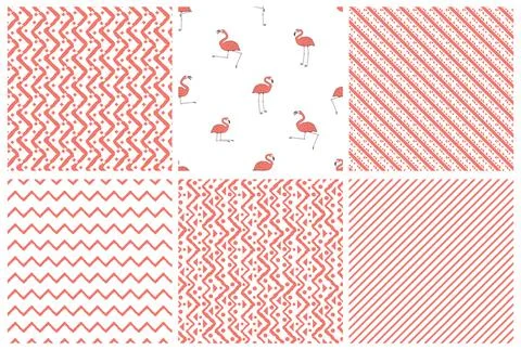 Set of six Vector seamless repeat patterns of outline cartoon pink flamingos  Stock Illustration