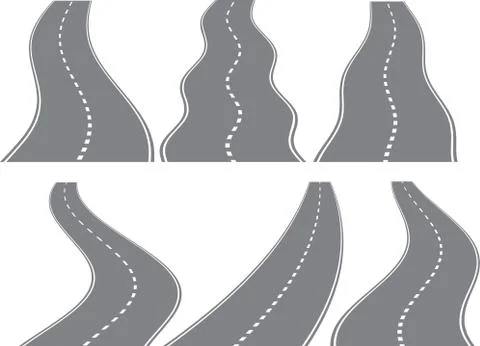 Set of six vector winding roads wit white marks isolated on white background. Stock Illustration