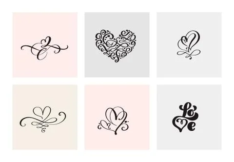 Set of six vintage Vector Valentines Day Hand Drawn Calligraphic Heart. Calli 스톡 일러스트