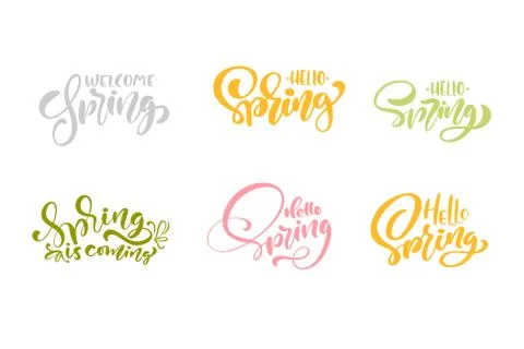 Set of six welcome Spring Pastel Calligraphy lettering phrases. Vector Hand Stock-Illustration