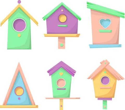 A set of six wooden multi-colored birdhouses, Stock Illustration