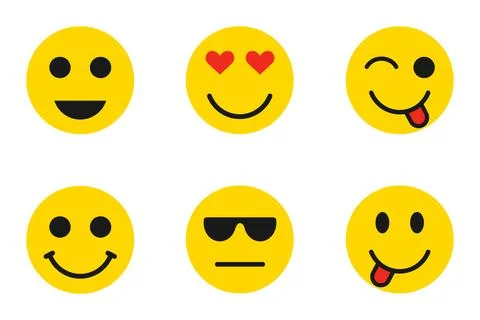Set of six yellow emoji faces with love, cool, and happy expressions Stock Illustration