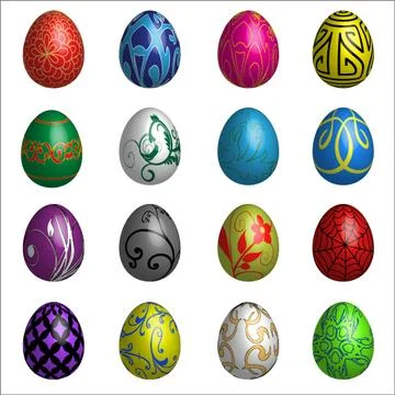 Set Of Sixteen Colour Easter Eggs With Different Ornaments Stock Illustration