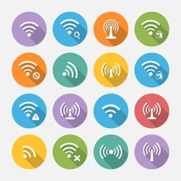 Set of sixteen different flat vector wi-fi and wireless icons wi Stock Illustration