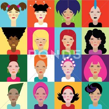 Set of sixteen different girls Stock Illustration