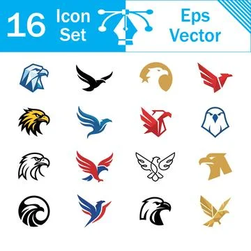 Set of sixteen vector eagle bird logo icons and graphic symbols with wildlife Stock Illustration