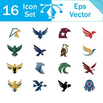 Set of sixteen vector eagle logo and bird icon designs with wildlife Illustrazione stock