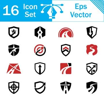 Set of sixteen vector shield and road path security icons with shield icon イラスト素材